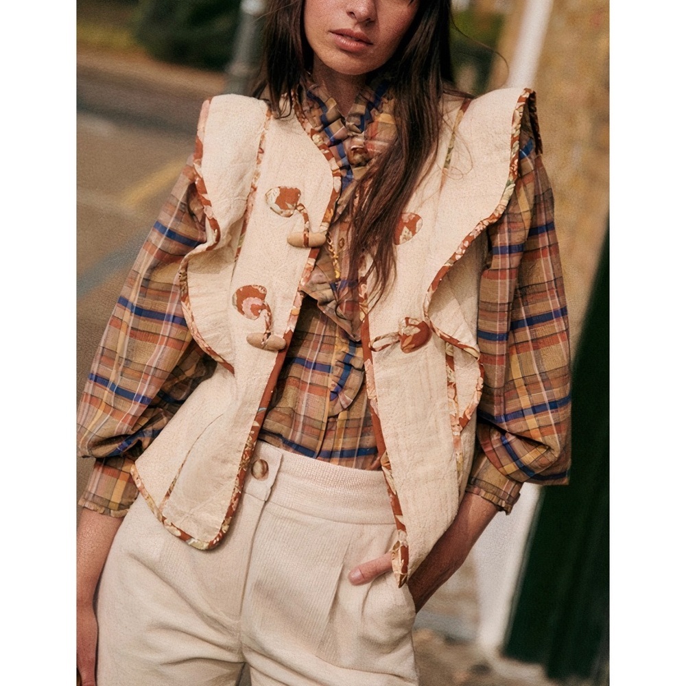 NWOT Sezane Quilted Flutter-Sleeve Kathleen Off-White Vest Jacket